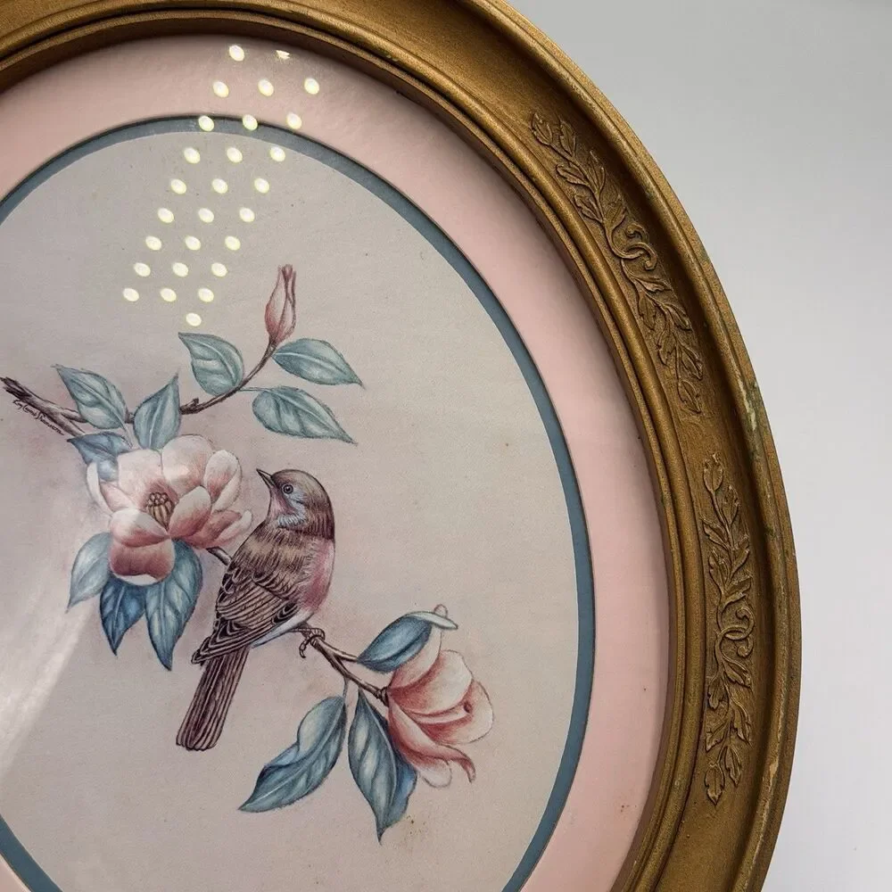 1983 HOMCO Kay Lamb Shannon Bird Magnolia Print Gold Oval Vintage Frame #3254
